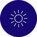 A sun icon in the middle of a blue circle.