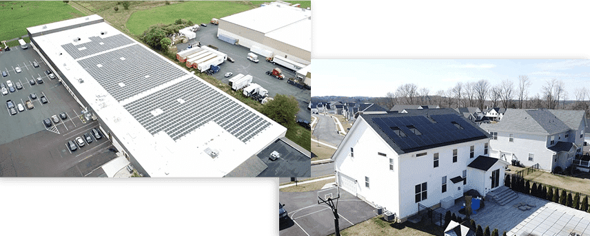 A collage of aerial photos shows buildings, cars and power lines.