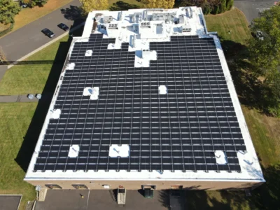 Aerial view of rooftop solar panels