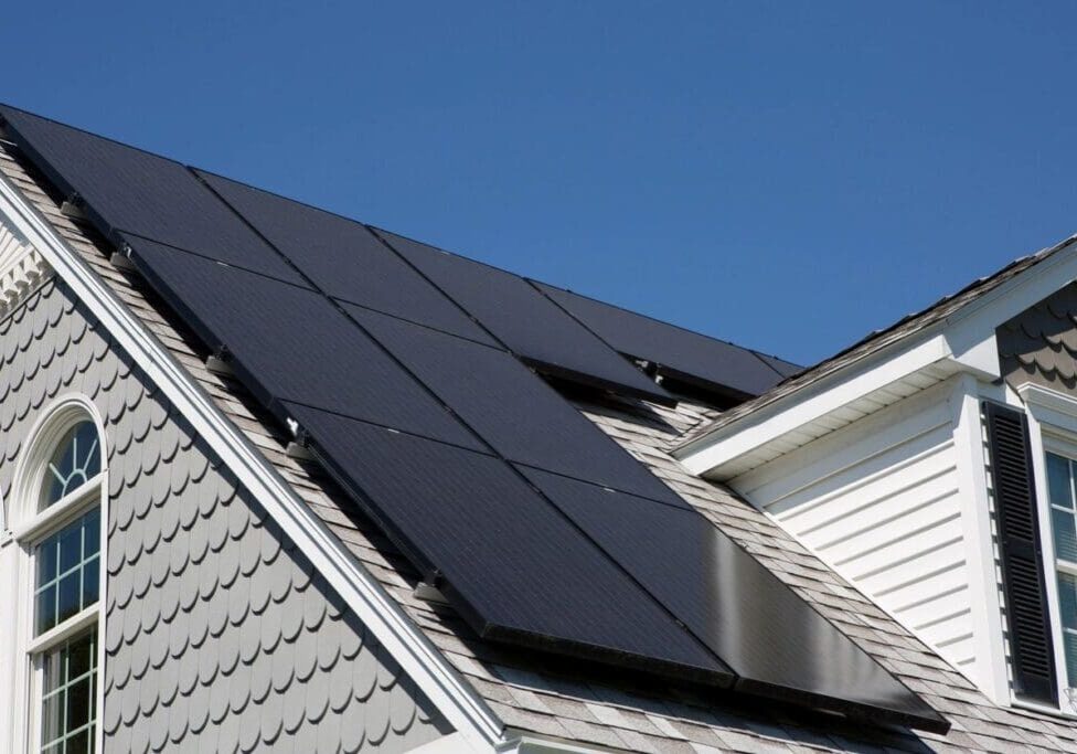 A roof with several solar panels on it.